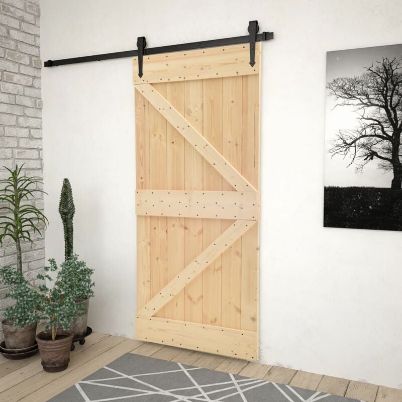 

vidaXL Puerta corredera con herrajes madera maciza de pino 80x210 cm - Marrón