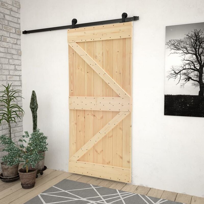 

Puerta corredera con herrajes madera maciza de pino 90x210 cm - Marrón