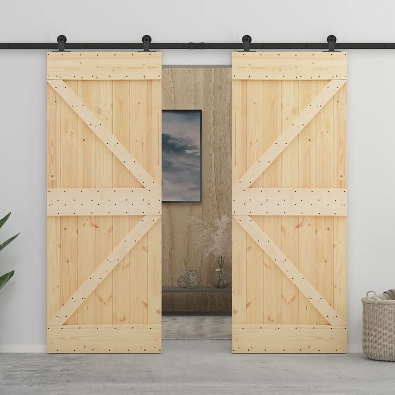 

Puerta corredera con herrajes madera maciza de pino 90x210 cm - Marrón