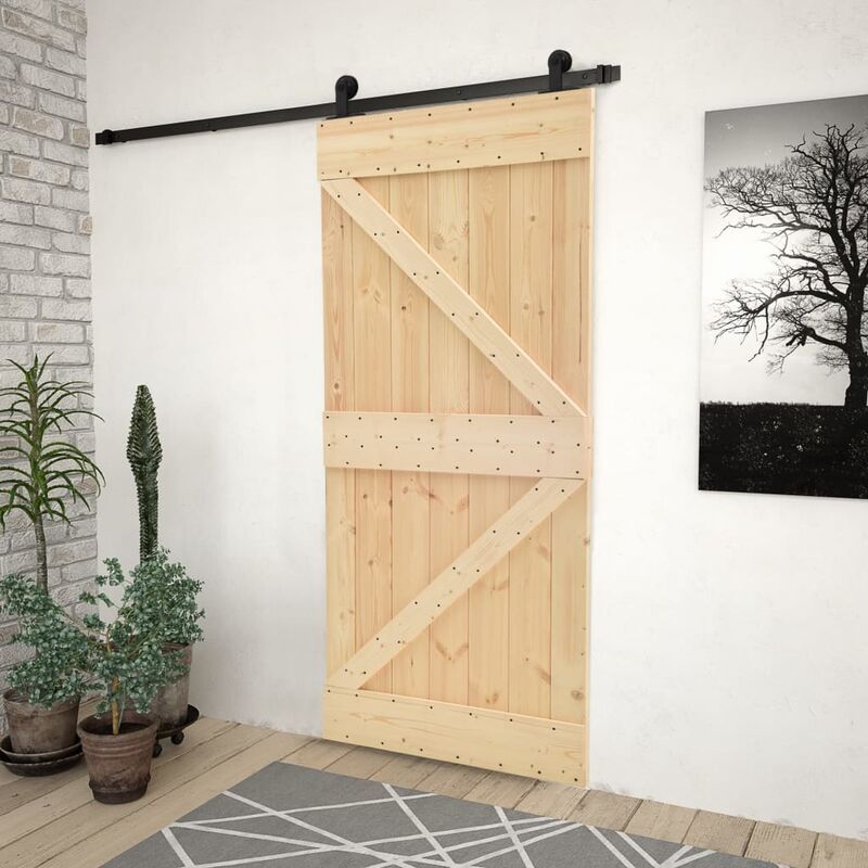 

Puerta corredera con herrajes madera maciza de pino 90x210 cm - Marrón
