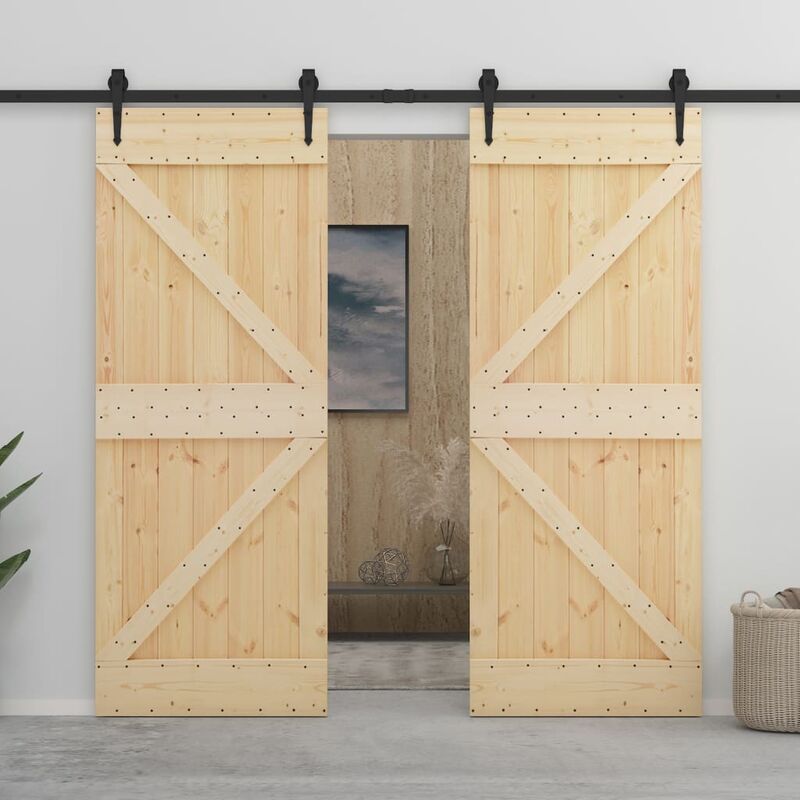 

Puerta corredera con herrajes madera maciza de pino 90x210 cm - Marrón