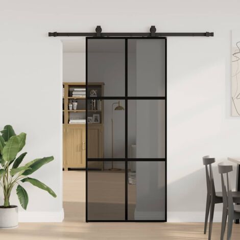 Puerta corredera con herrajes negro 90x205 cm vidrio templado