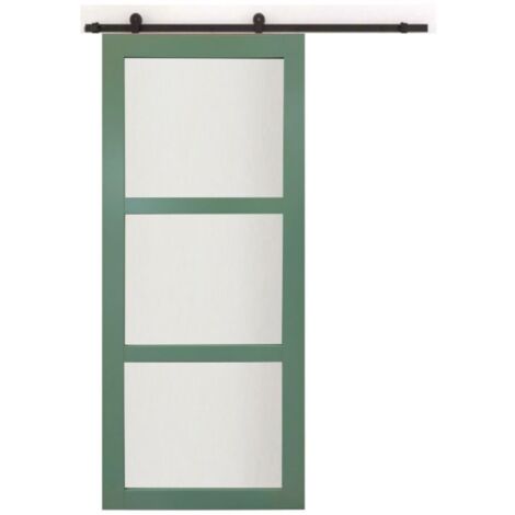 Puerta corredera de color verde claro con vidrio H204 x L73 cm, riel, conchas, GD MENUISERIES