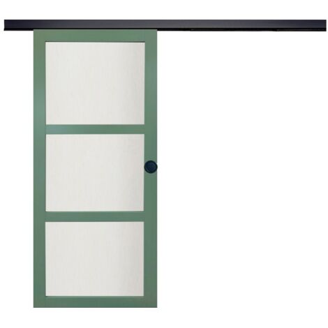 Puerta corredera de color verde claro con vidrio H204 x L83 cm, riel de aluminio con banda negra, conchas negras para GD MENUISERIES