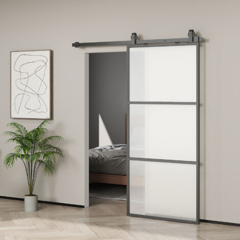 Puerta Corredera de Cristal con Herrajes Mecanismo Cierre Suave para Baño Salón 91,4x203,2 cm Negro