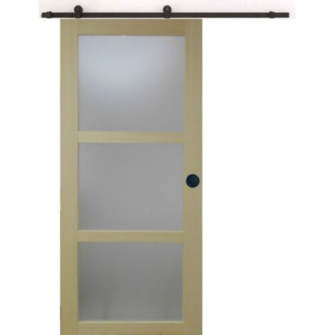 Puerta corredera de madera Ayous con cristal H204 x L83 cm, riel con ruedas, carcasas negras, GD MENUISERIES