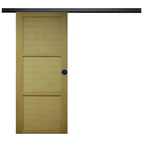 Puerta corredera de madera Ayous de 3 paneles H204 x L93 cm, riel de aluminio con banda negra, conchas negras para GD MENUISERIES