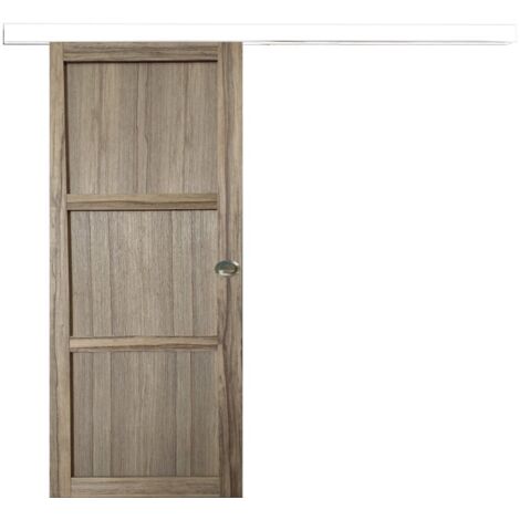 Puerta corredera de madera Frake de 3 paneles H204 x L73 cm, riel de aluminio con banda blanca, conchas de GD MENUISERIES