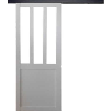 Puerta corredera de taller blanca H204 x L83 cm, riel de aluminio con banda negra Gd Menuiseries
