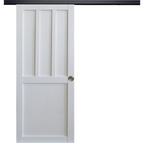 Puerta corredera de taller de 2 paneles blancos H204 x L83 cm, riel de aluminio con banda negra, conchas Gd Menuiseries