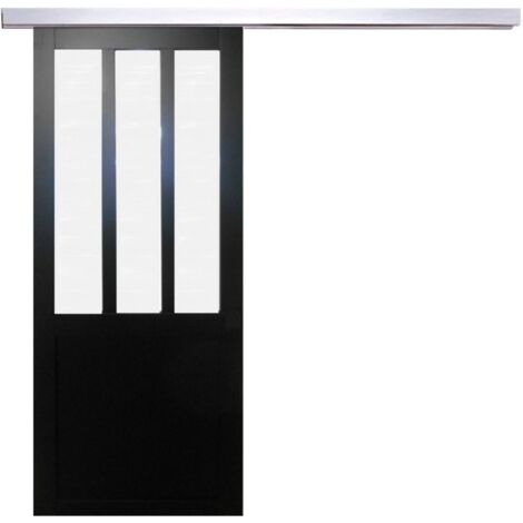 Puerta corredera de taller negra con vidrio esmerilado H204 x L83 cm, riel de aluminio GD MENUISERIES