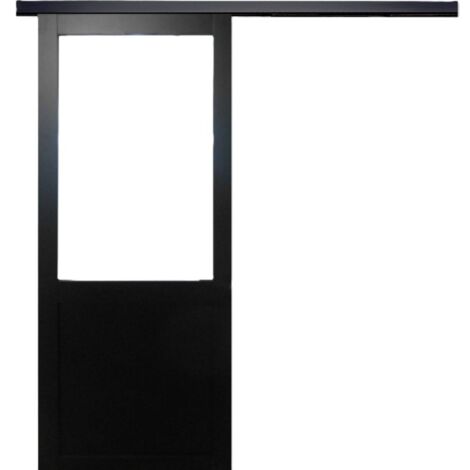 Puerta corredera de taller negra con vidrio H204 x L93 cm sin travesaño, riel de aluminio con banda negra para GD MENUISERIES