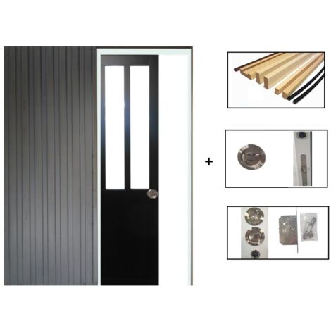 Puerta corredera de taller negra H204 x L83 cm, empotrada, kit de acabado para GD MENUISERIES