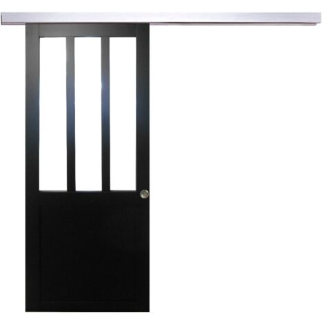 Puerta corredera de taller negra H204 x L83 cm, riel de aluminio, conchas Gd Menuiseries
