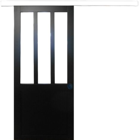 Puerta corredera de taller negra H204 x L93 cm, riel de aluminio con banda blanca, conchas negras para GD MENUISERIES