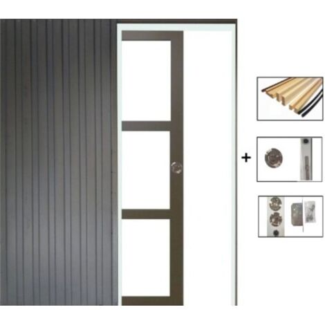 Puerta corredera gris beige con vidrio transparente H204 x L73 cm, empotrada, kit de acabado para GD MENUISERIES