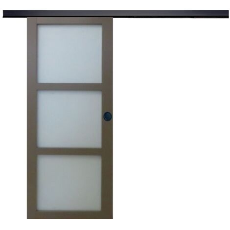 Puerta corredera gris beige vitrea H204 x L73 cm, riel de aluminio con banda negra, conchas negras GD MENUISERIES