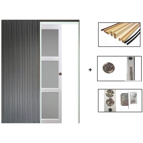 Puerta corredera Kenya blanca con vidrio H204 x L83 cm, empotrada, kit de acabado Gd Menuseries