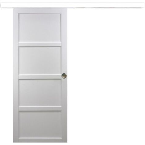 Puerta corredera Tamera blanca de 4 paneles H204 x L63 cm, riel de aluminio con banda blanca, conchas de GD MENUISERIES