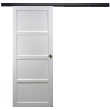 Puerta corredera Tamera blanca de 4 paneles H204 x L93 cm, riel de aluminio con banda negra, conchas Gd Menuiseries