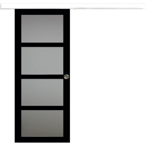 Puerta corredera Telia negra con panel de vidrio H204 x L73 cm, riel de aluminio con banda blanca, conchas de GD MENUISERIES