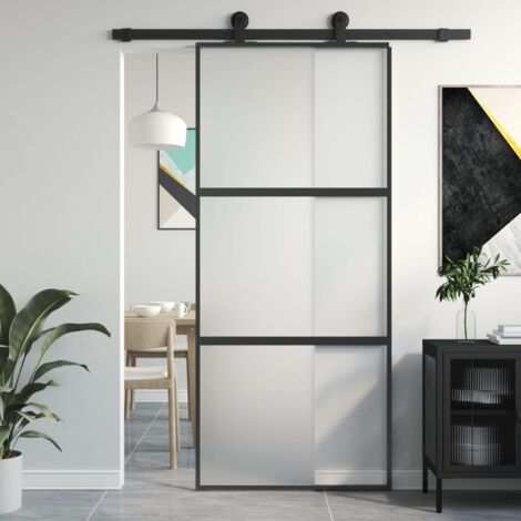 Puerta corredera vidrio templado y aluminio negra 90x205 cm