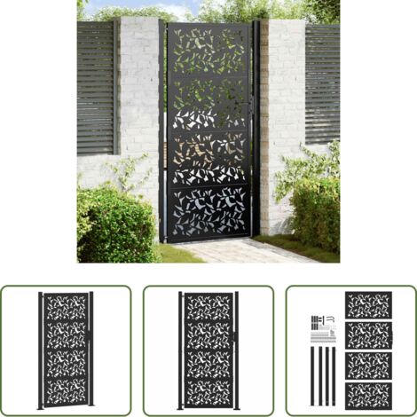 Puerta de acero -  Puerta de jardín negra 100x200 cm diseño de hojas de acero