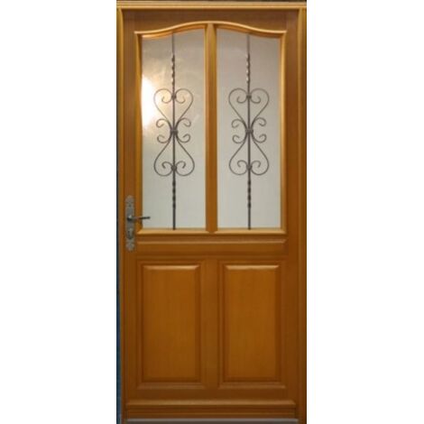 Puerta de entrada de madera con cristal Sandy, H.215 x L.90 cm, con tablero lateral, marco recto, GD MENUISERIES