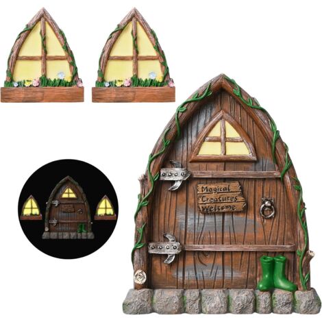 Puerta de hadas, puerta de gnomo, 1 puerta de gnomo + 2 ventanas de gnomo, decoración de jardín que brilla en la oscuridad, puerta de jardín de hadas, puerta de elfo en miniatura, puerta de gnomo, ven