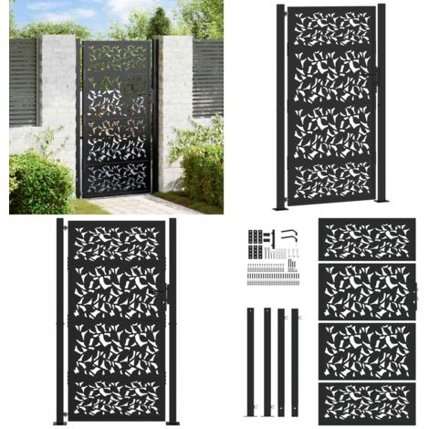 Puerta de jardín negra 100x175 cm diseño de hojas de acero - Puerta de acero - Puerta de jardín negra