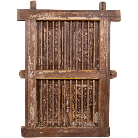 Puerta de rejilla en madera maciza y hierro antiguo con marco interior o exterior