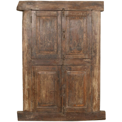 Puerta de rejilla en madera maciza y hierro antiguo con marco interior o exterior