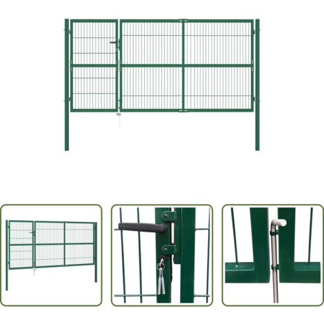 Puerta de valla -  Puerta de jardín con postes 350 x 140 cm acero verde