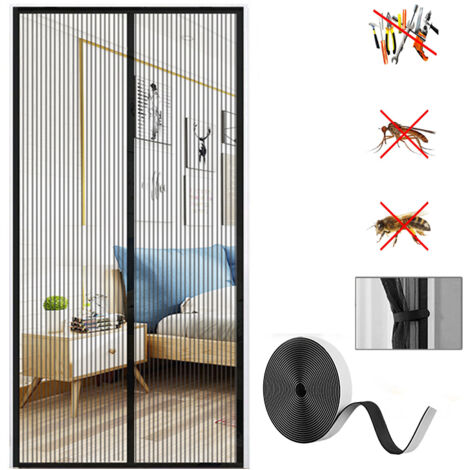 Puerta Mosquitera Magnética, Cortina Antiinsectos con Imanes y Cinta Mágica Manos Libres, Negra, 100 x 210 cm
