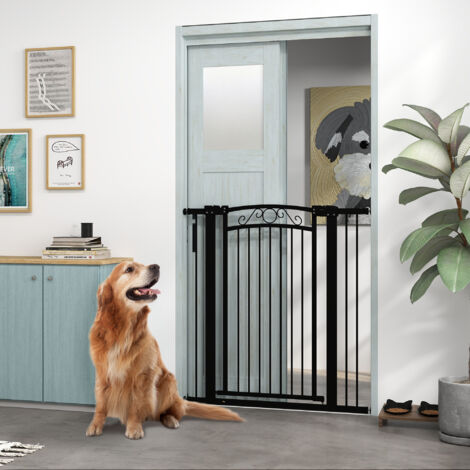 Puerta para Perros con Ancho Ajustable 76-104 cm Barrera de Seguridad con 2 Extensiones y Doble Bloqueo Negro
