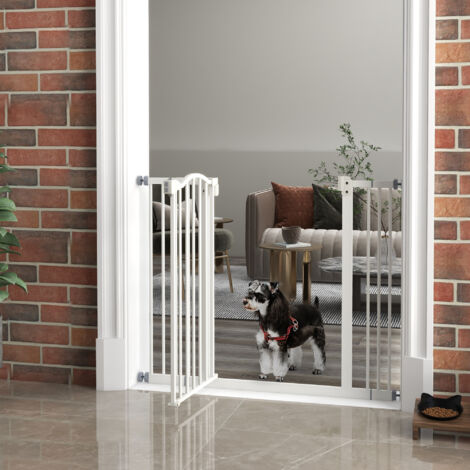 Puerta para Perros con Ancho Ajustable 76-104 cm Barrera de Seguridad para Perros con 2 Extensiones Blanco