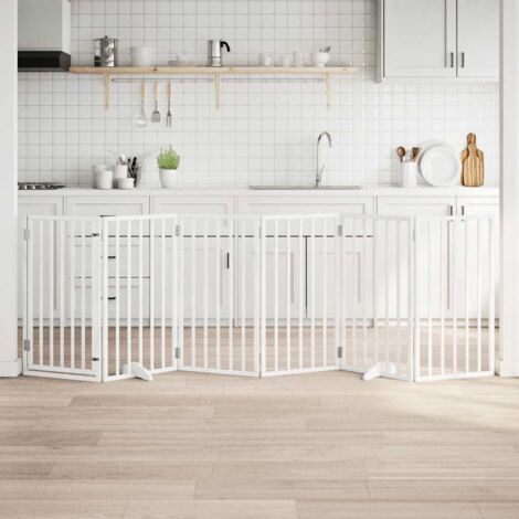 Puerta para perros con puerta plegable de 6 paneles, blanca, 300 cm, madera de álamo