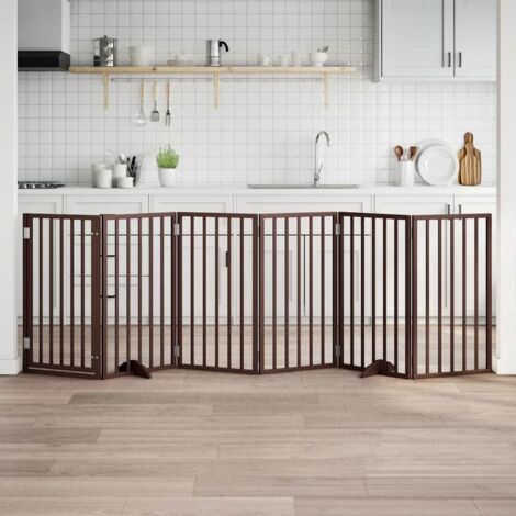 Puerta para perros con puerta plegable de 6 paneles marrón 300 cm madera de álamo