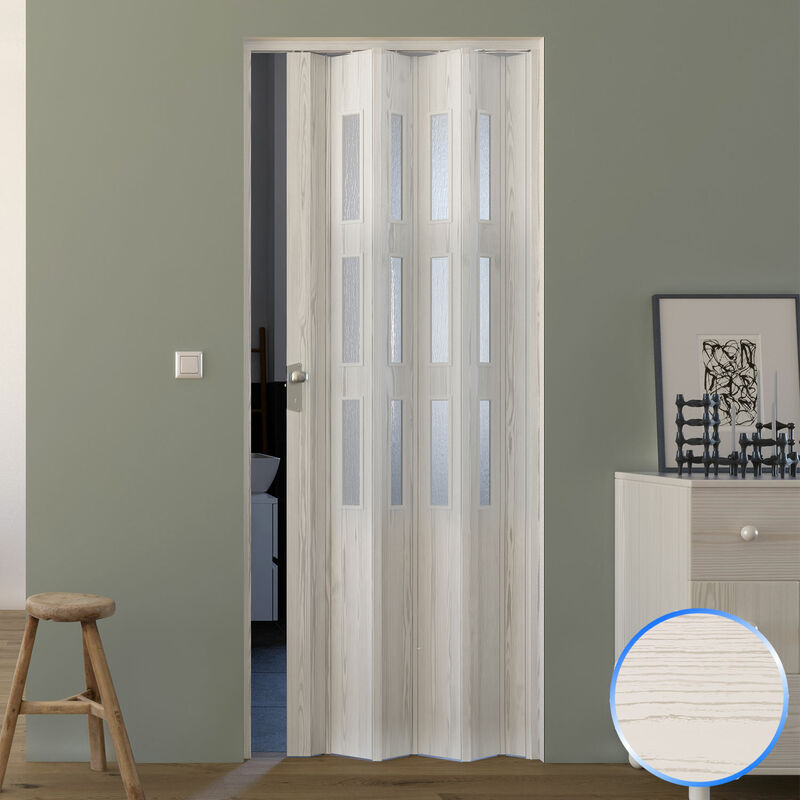 

Puerta plegable de interior de pvc 88,5x214 cm mod. Luciana Vetro color pino blanqueado con vidrio satinado