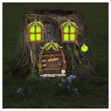 Puertas y ventanas de hadas en miniatura iluminadas, ventanas y puertas de casas en miniatura, estatuas de árboles y puertas de hadas de gnomos en miniatura, decoración de jardín con árboles y puertas