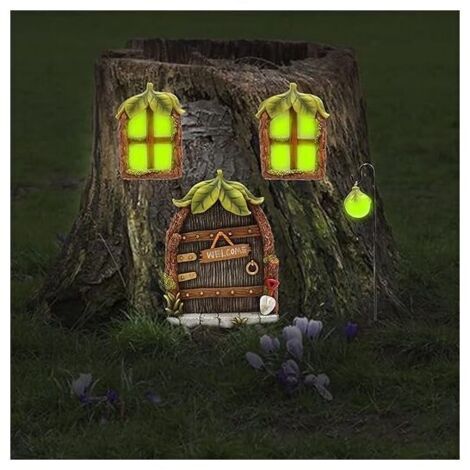Puertas y ventanas de hadas en miniatura iluminadas, ventanas y puertas de casas en miniatura, estatuas de árboles y puertas de hadas de gnomos en miniatura, decoración de jardín con árboles y puertas