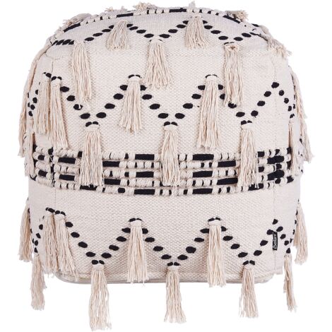 Puf beige y negro con borlas decorativas de punto de algodón diseño boho Thondi