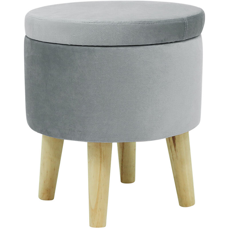 

Puf con almacenaje, silla redonda tapizada, patas de madera maciza, gris - White