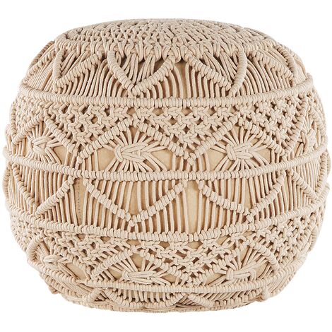 Puf de punto de algodón beige reposapiés trenzado redondo de crochet grueso Kayseri