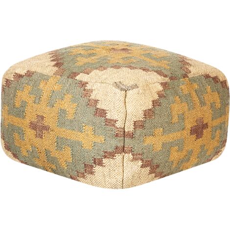 Puf de yute verde claro beige marrón amarillo 50 x 50 cm oriental kilim Saron