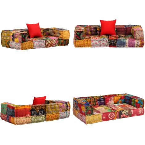 Puf modular de 2 plazas de tela patchwork - Puf de tela - Diseño patchwork