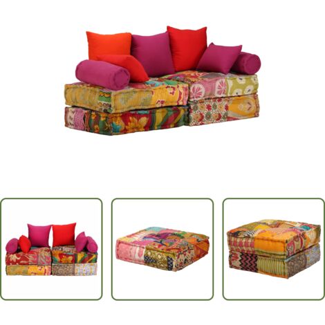 Puf modular -  Puf modular de 2 plazas de tela patchwork