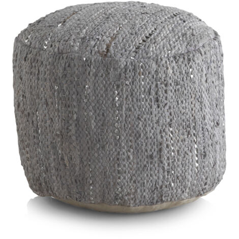 Puf Redondo Piel Y Algodon Gris 45 Cm Diametro