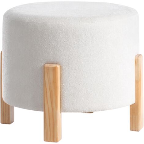 Puf redondo tapizado con patas de madera escandinavo blanco crema Terry