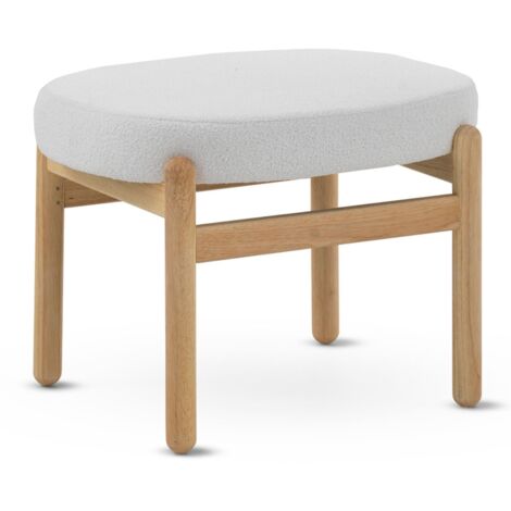 Puf tapizado en boucle blanco con estructura y patas en madera de pino natural